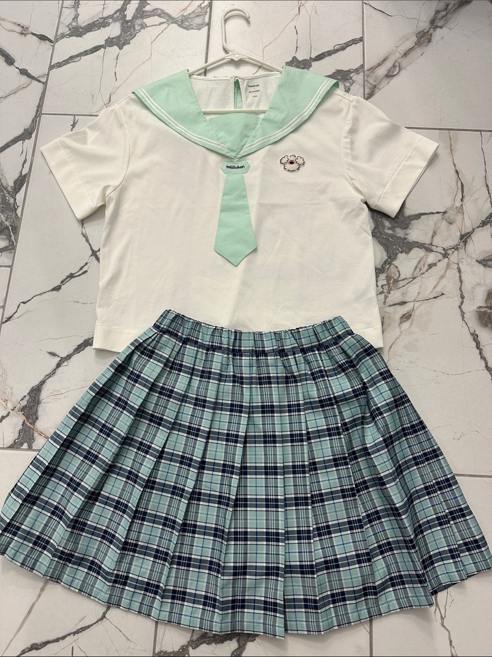 Girl Sailor Top and Plaid Pleated Skort Set in Mint and White - Picture 2 of 10